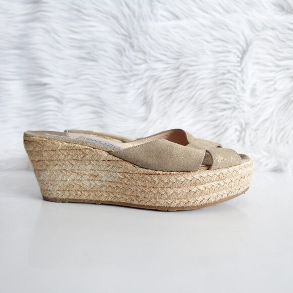 Jimmy Choo Tan Sparkly Gold Espadrille Platform Sandals - Picture 1 of 16